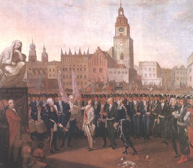  Kosciuszko taking the oath at the Cracow Market Square.